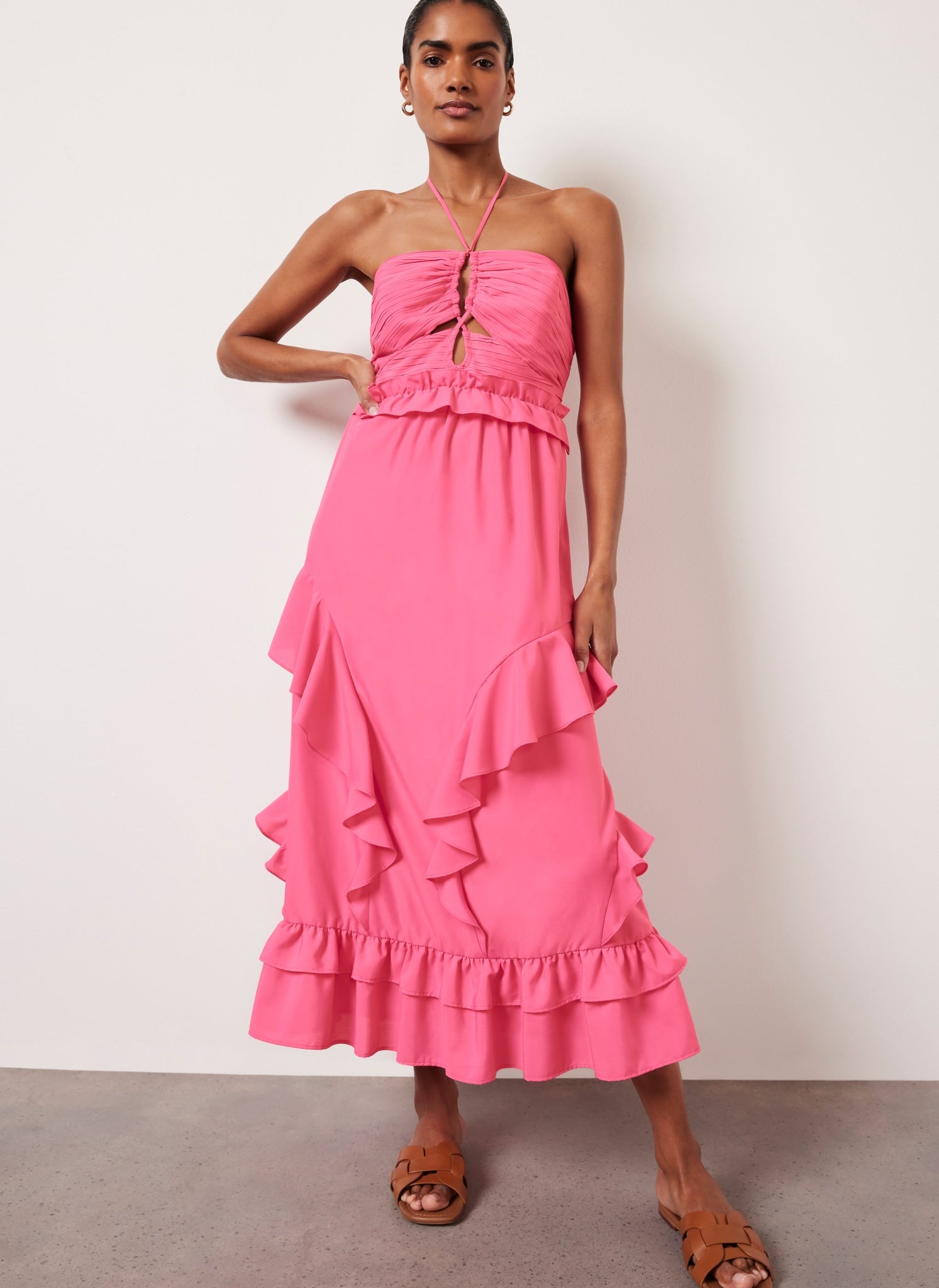Pink Ruffle Halter Midi Dress