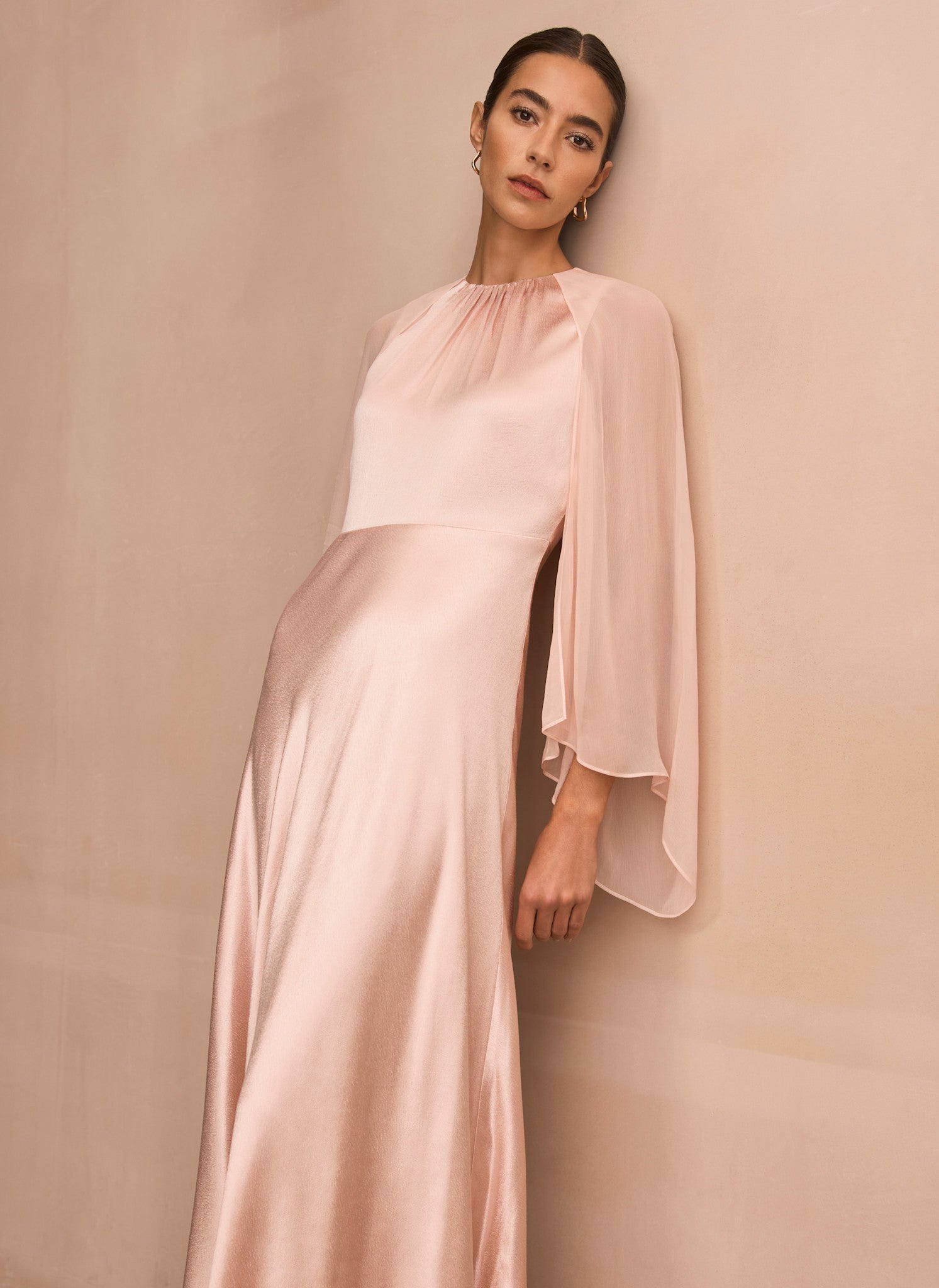Pink Satin Cape Maxi Dress