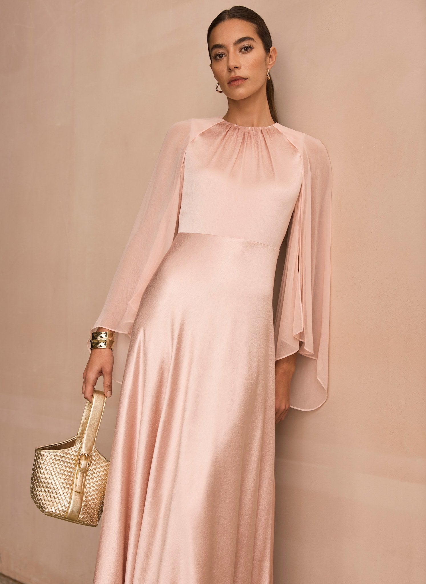 Pink Satin Cape Maxi Dress