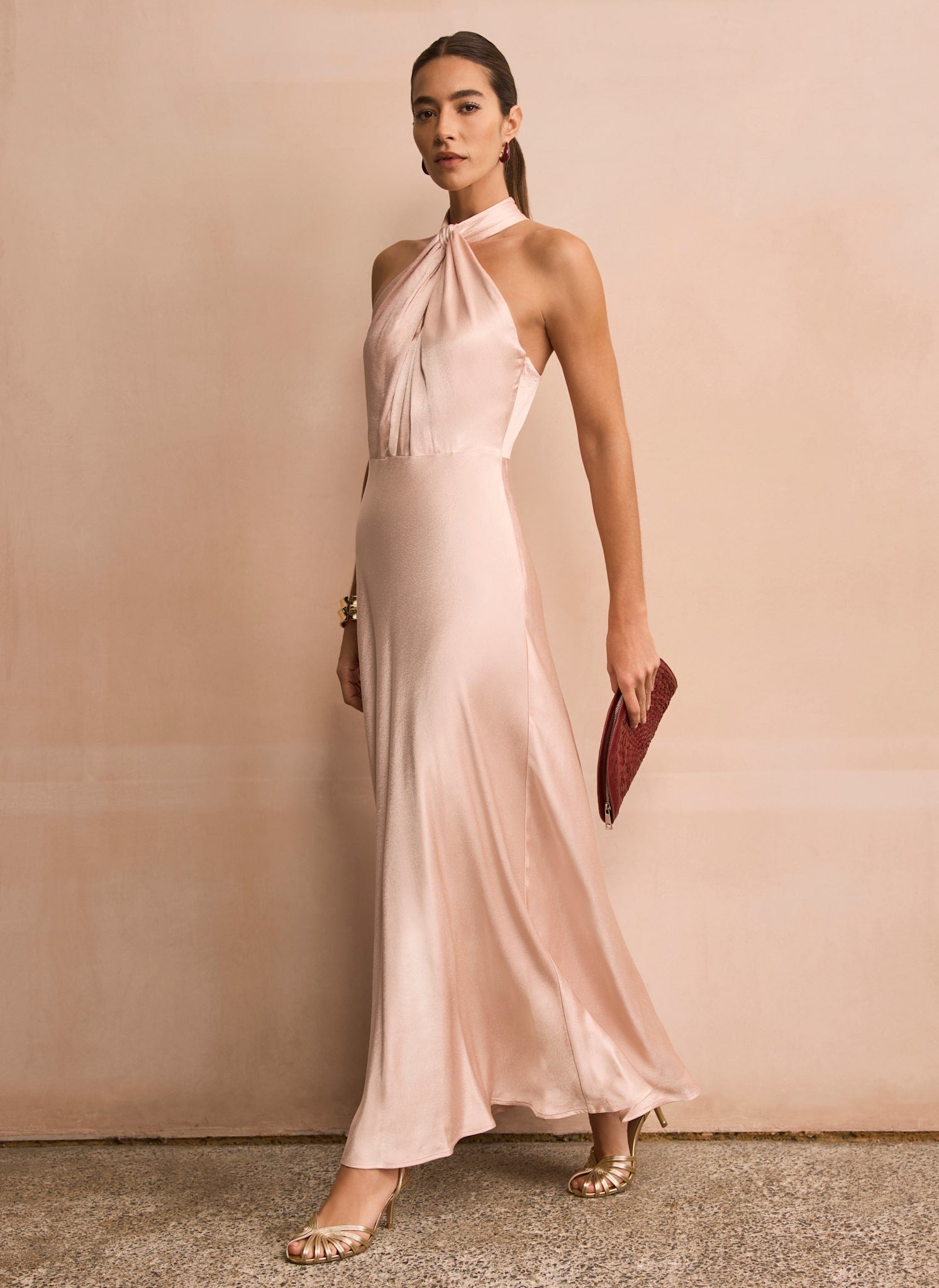 Pink Satin Halter Maxi Dress