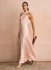 Pink Satin Halter Maxi Dress