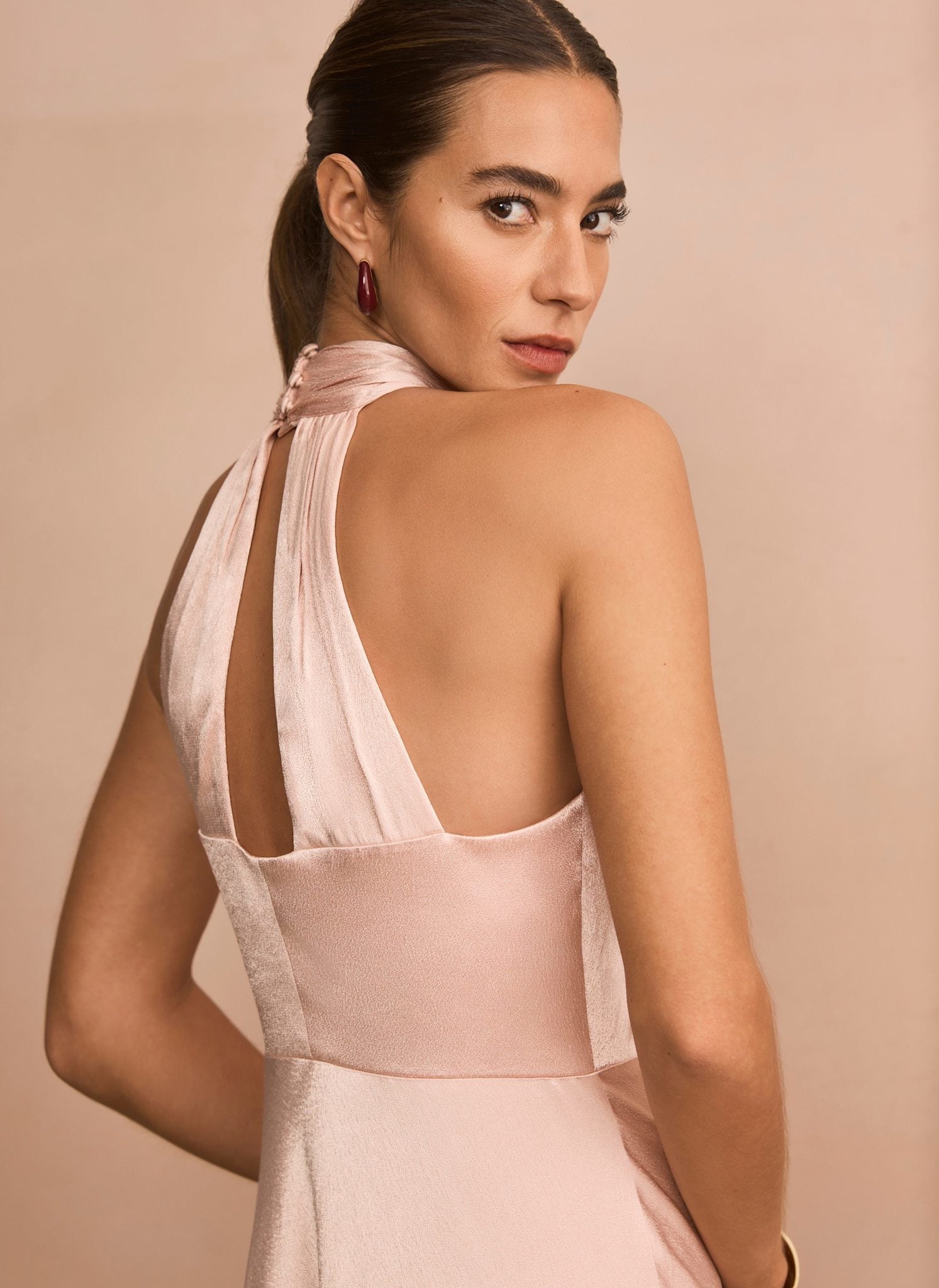Pink Satin Halter Maxi Dress