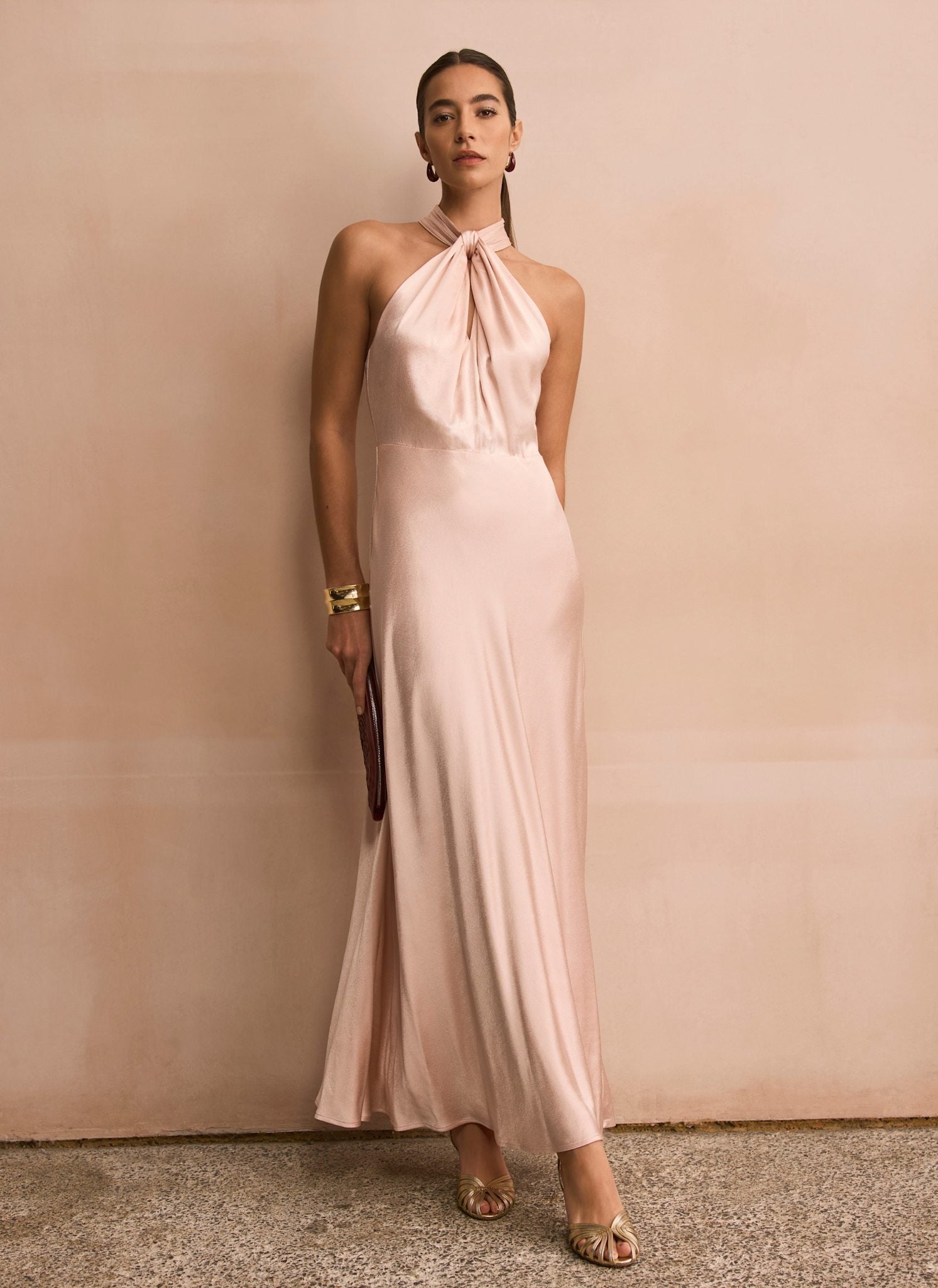 Pink Satin Halter Maxi Dress