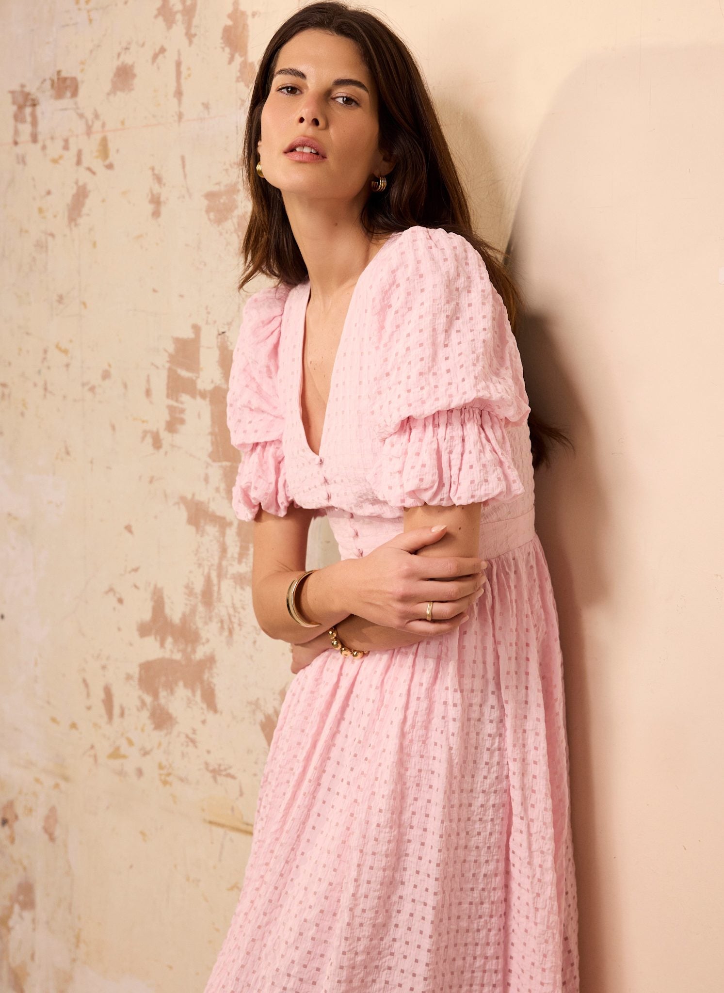 Pink Checked Midi Dress