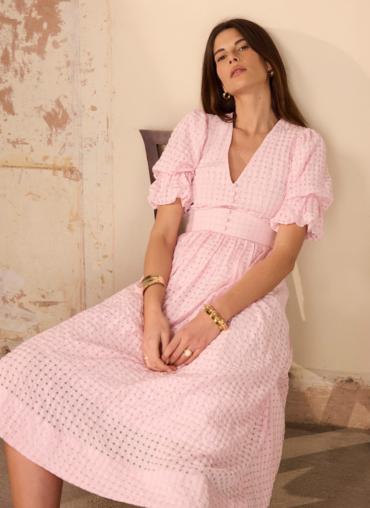 Pink Checked Midi Dress