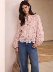 Pink Cotton Broderie Detail Blouse