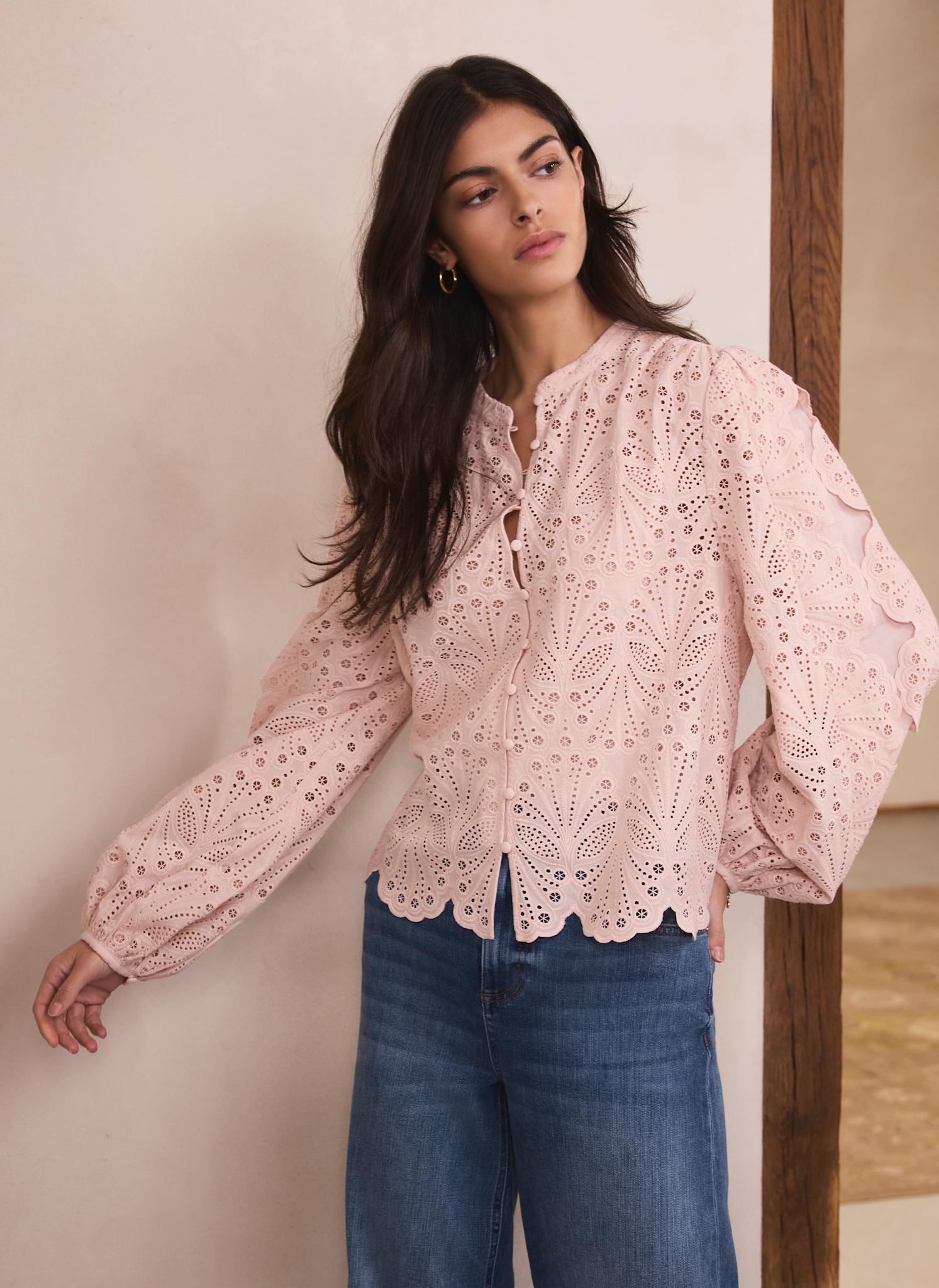 Pink Cotton Broderie Detail Blouse