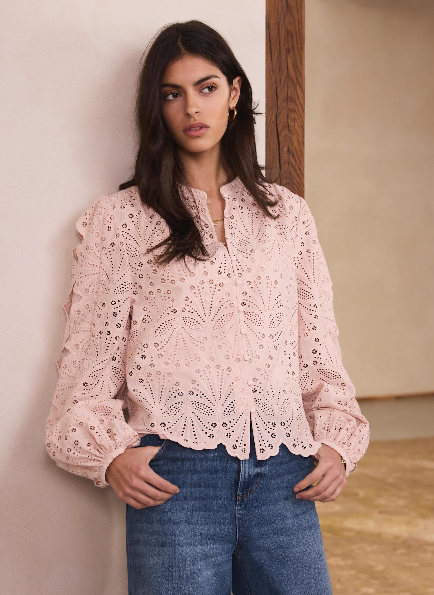 Pink Cotton Broderie Detail Blouse