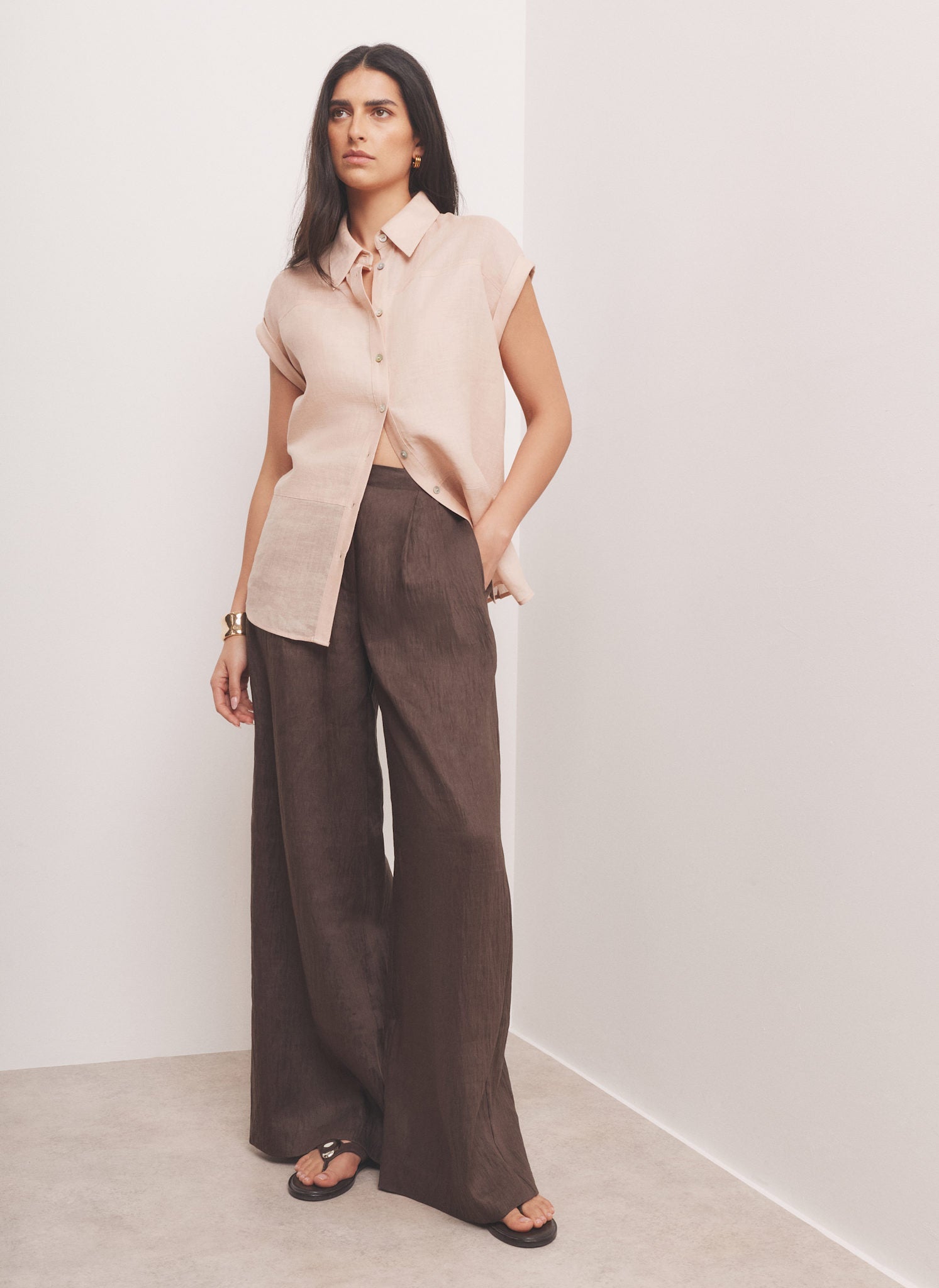 Pink Linen Blend Sheer Panel Shirt