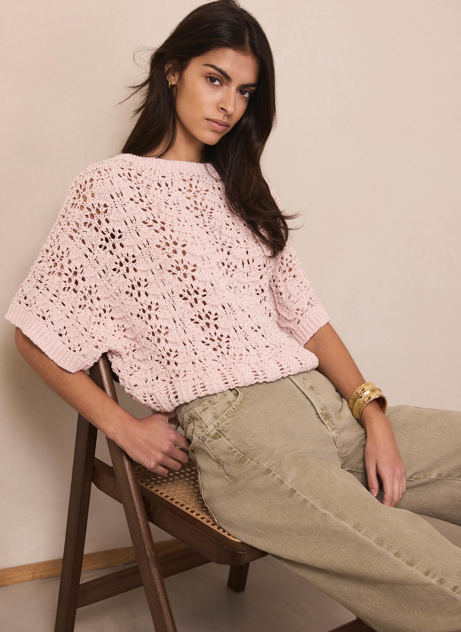 Pink Open Stitch Batwing Top