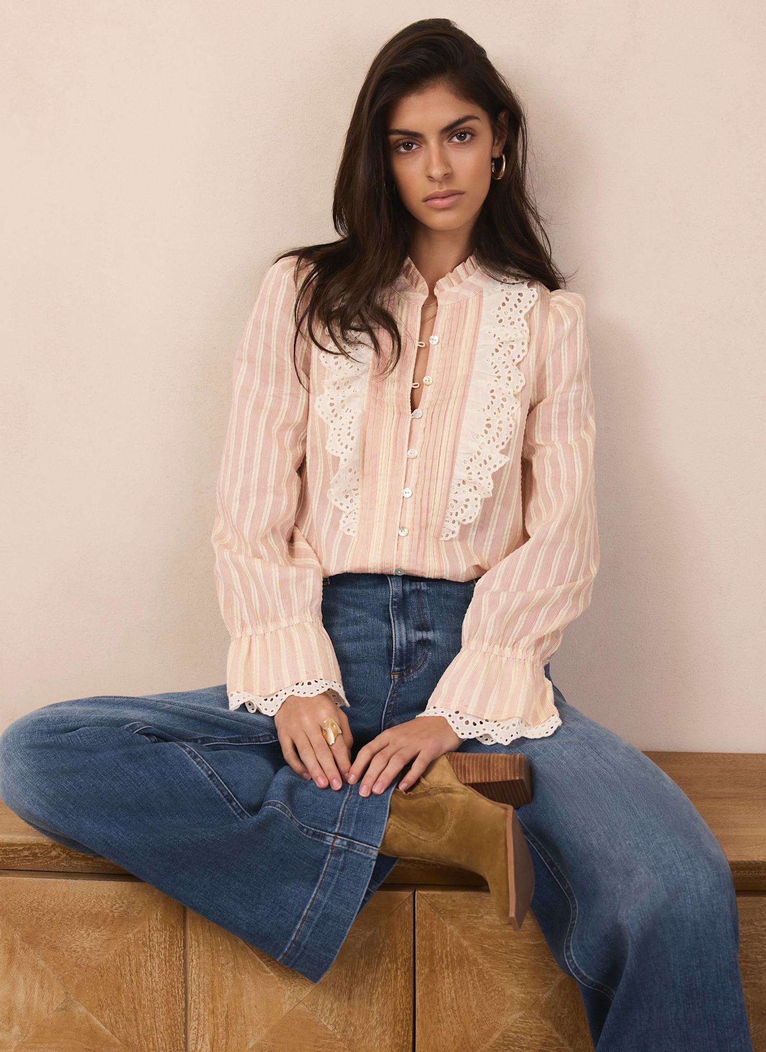 Pink Striped Broderie Trim Blouse