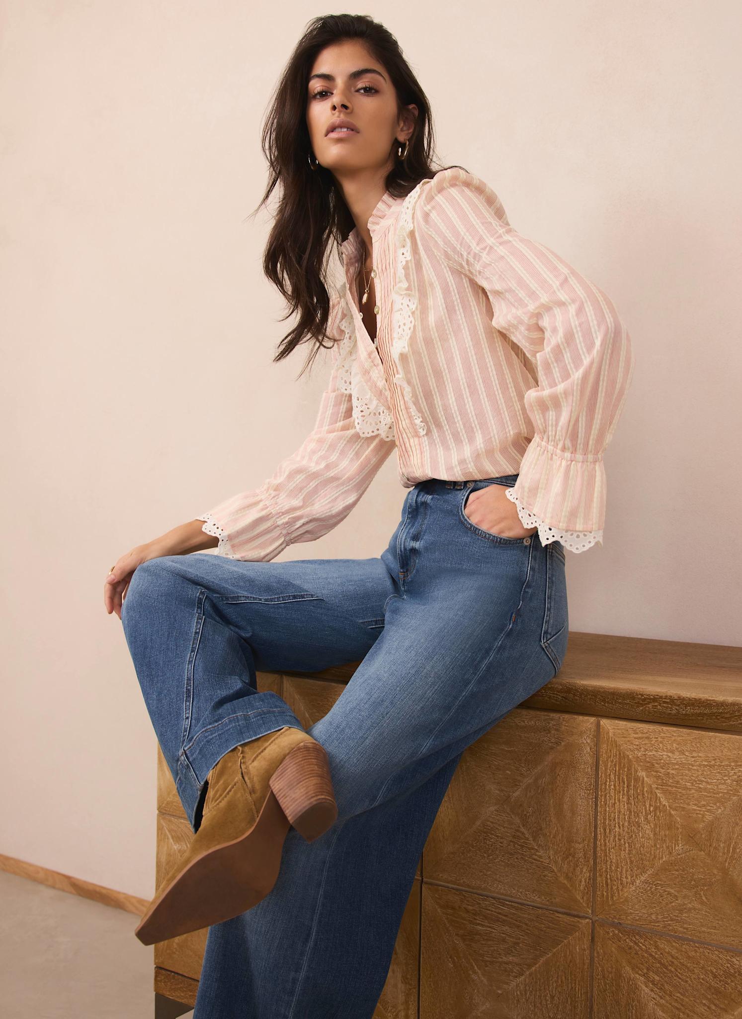 Pink Striped Broderie Trim Blouse