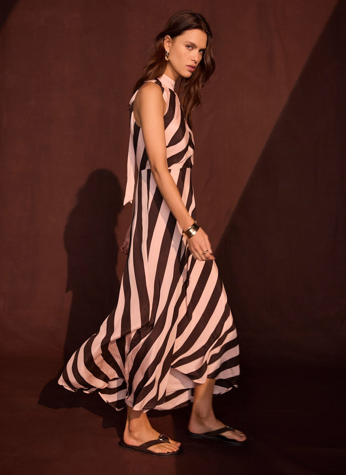 Pink & Brown Striped Halter Maxi Dress