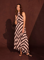 Pink & Brown Striped Halter Maxi Dress