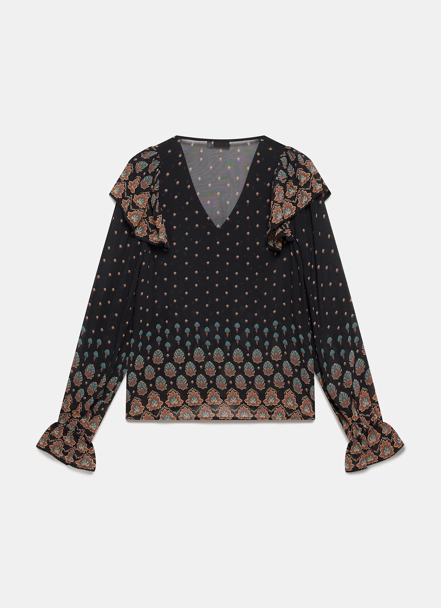 Black Boho Print Ruffle Blouse