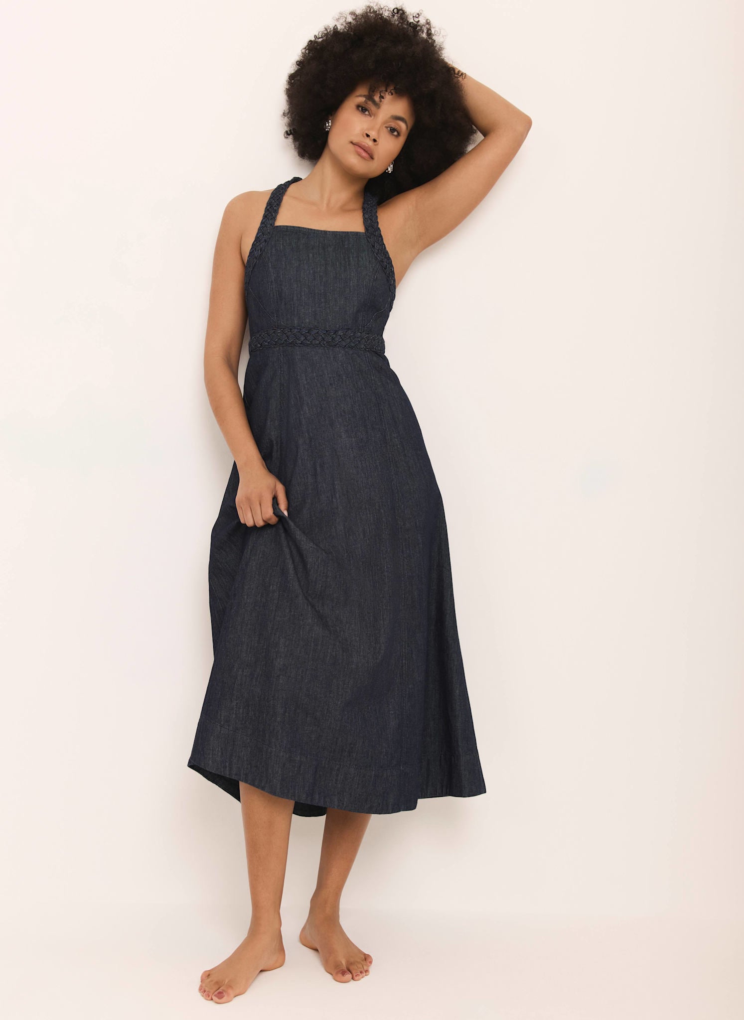 Dark Indigo Denim Halter Midi Dress