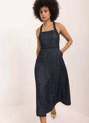 Dark Indigo Denim Halter Midi Dress