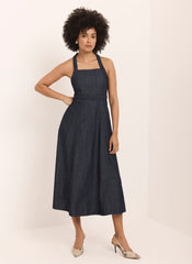 Dark Indigo Denim Halter Midi Dress