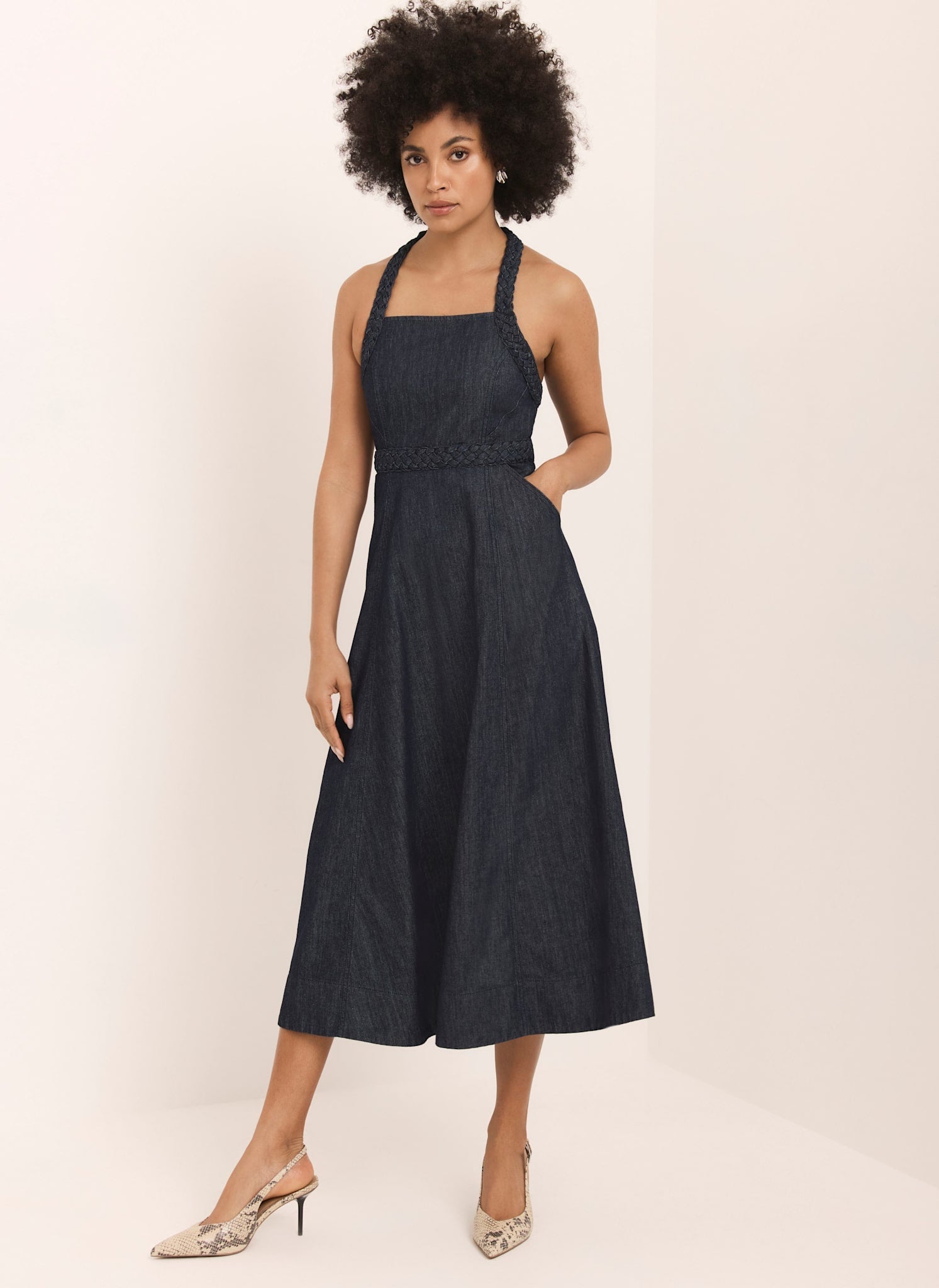 Dark Indigo Denim Halter Midi Dress