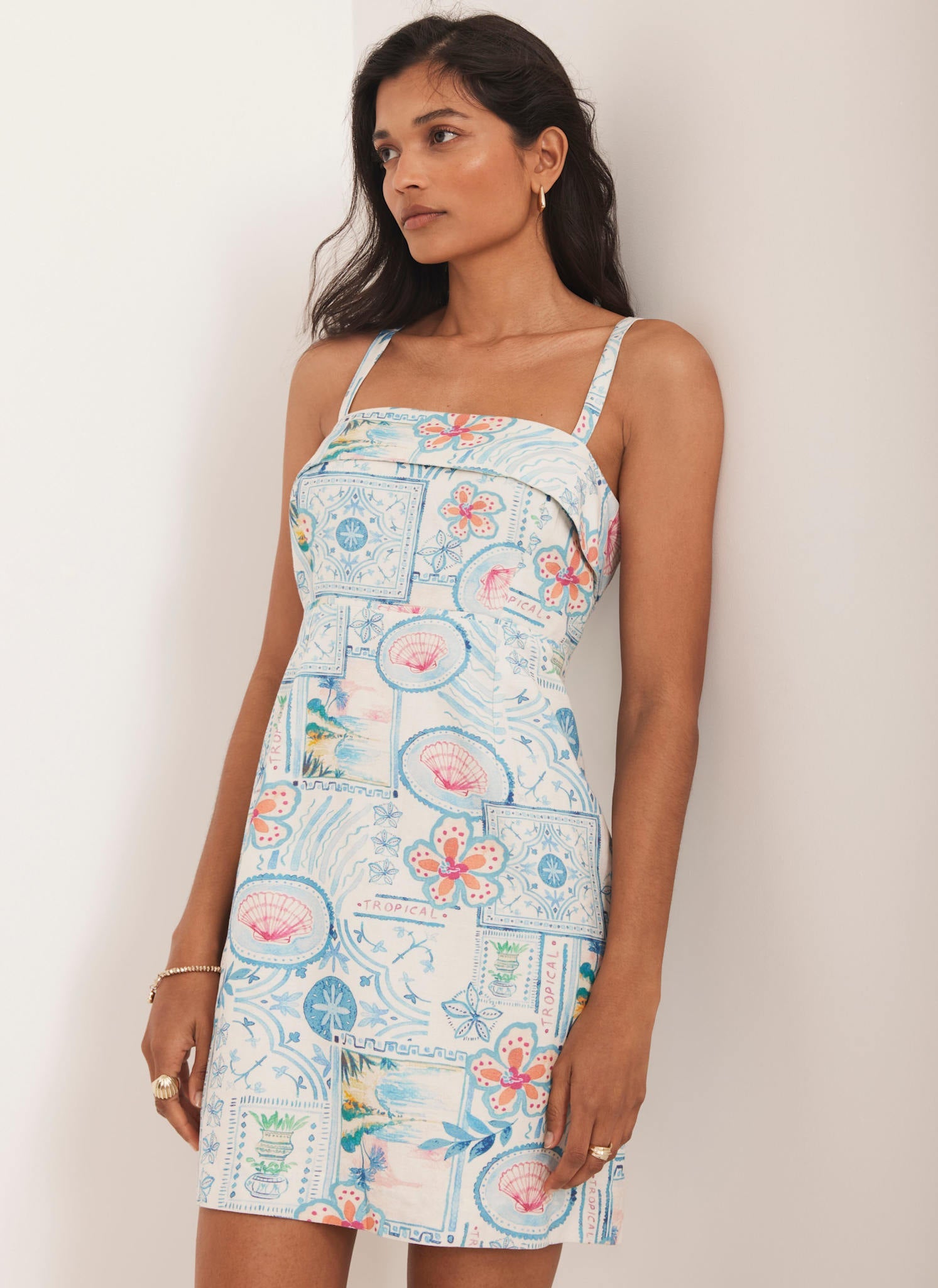 Cream Postcard Print Mini Shift Dress