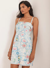 Cream Postcard Print Mini Shift Dress