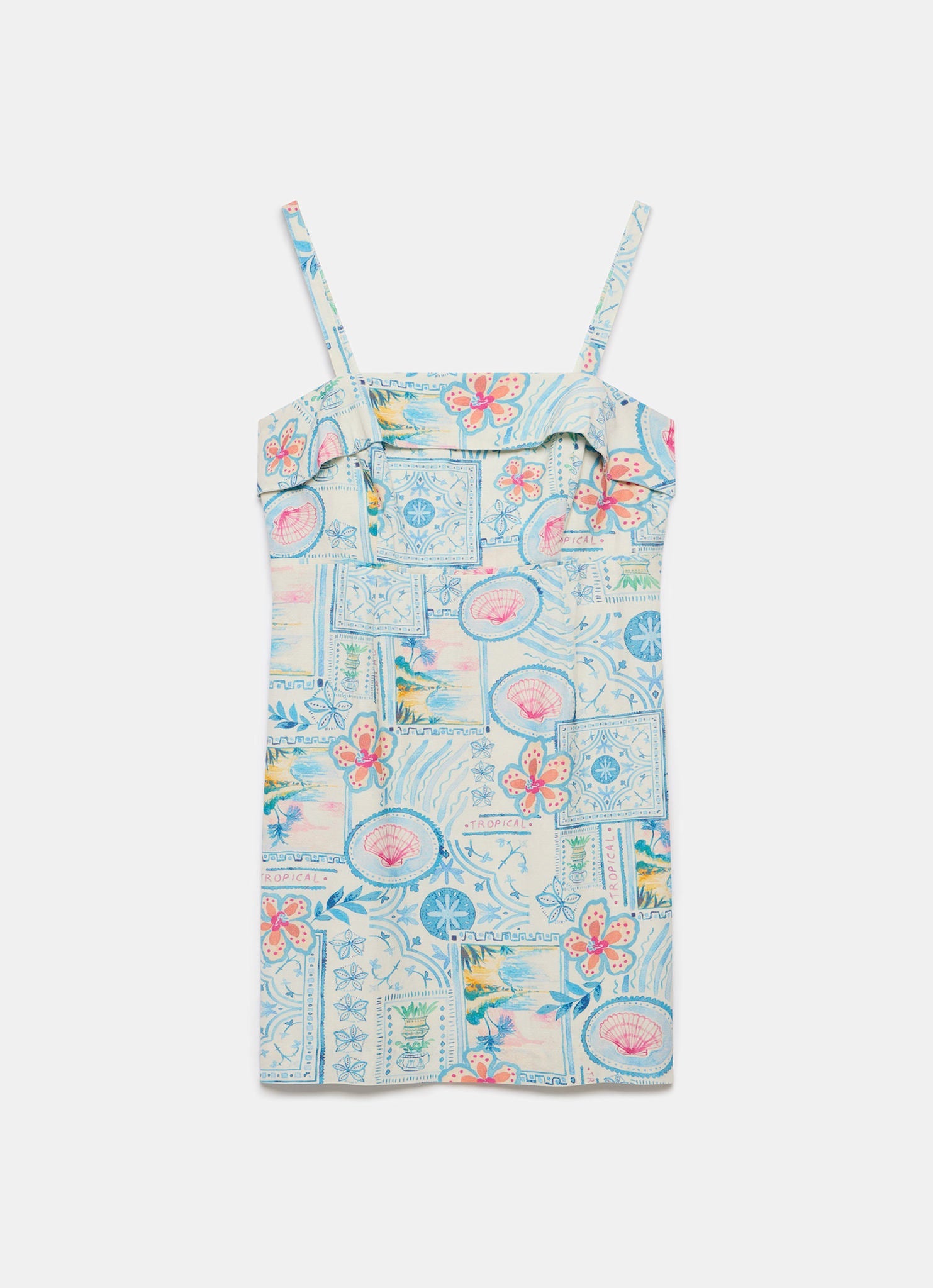 Cream Postcard Print Mini Shift Dress