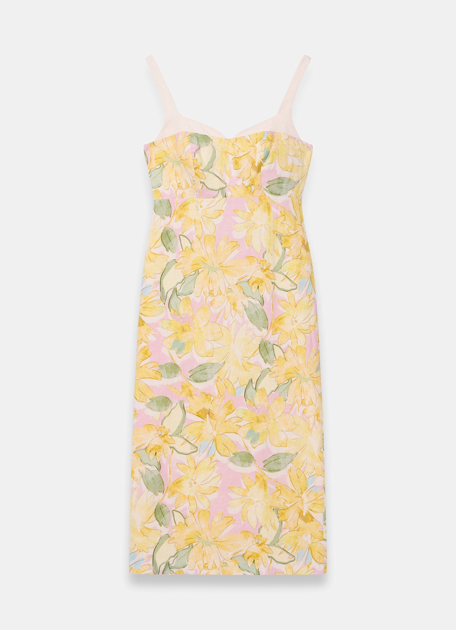 Yellow Linen Floral Midi Dress