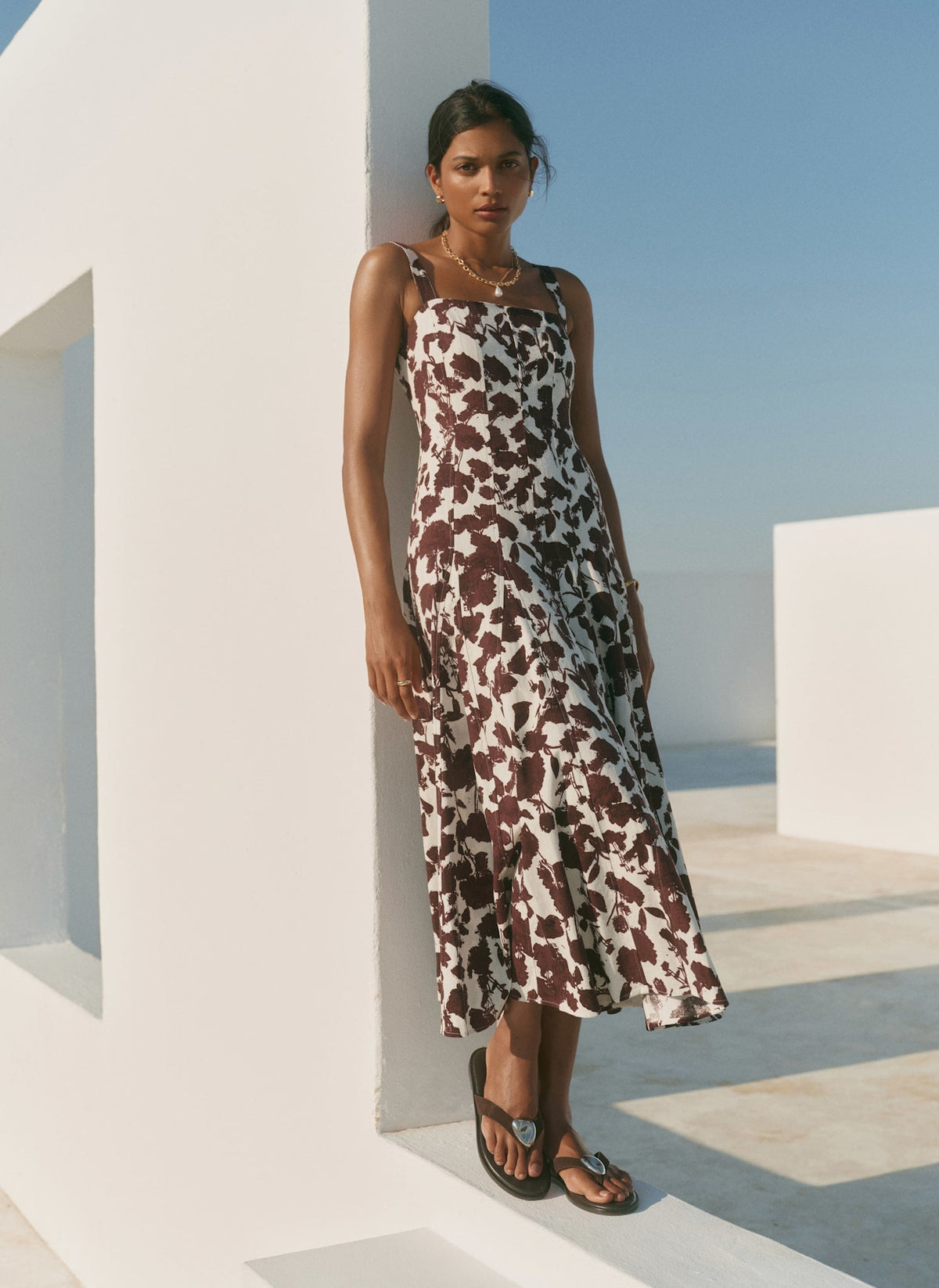 Brown Linen Blend Printed Midi Dress