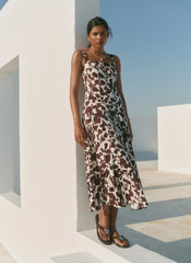 Brown Linen Blend Printed Midi Dress
