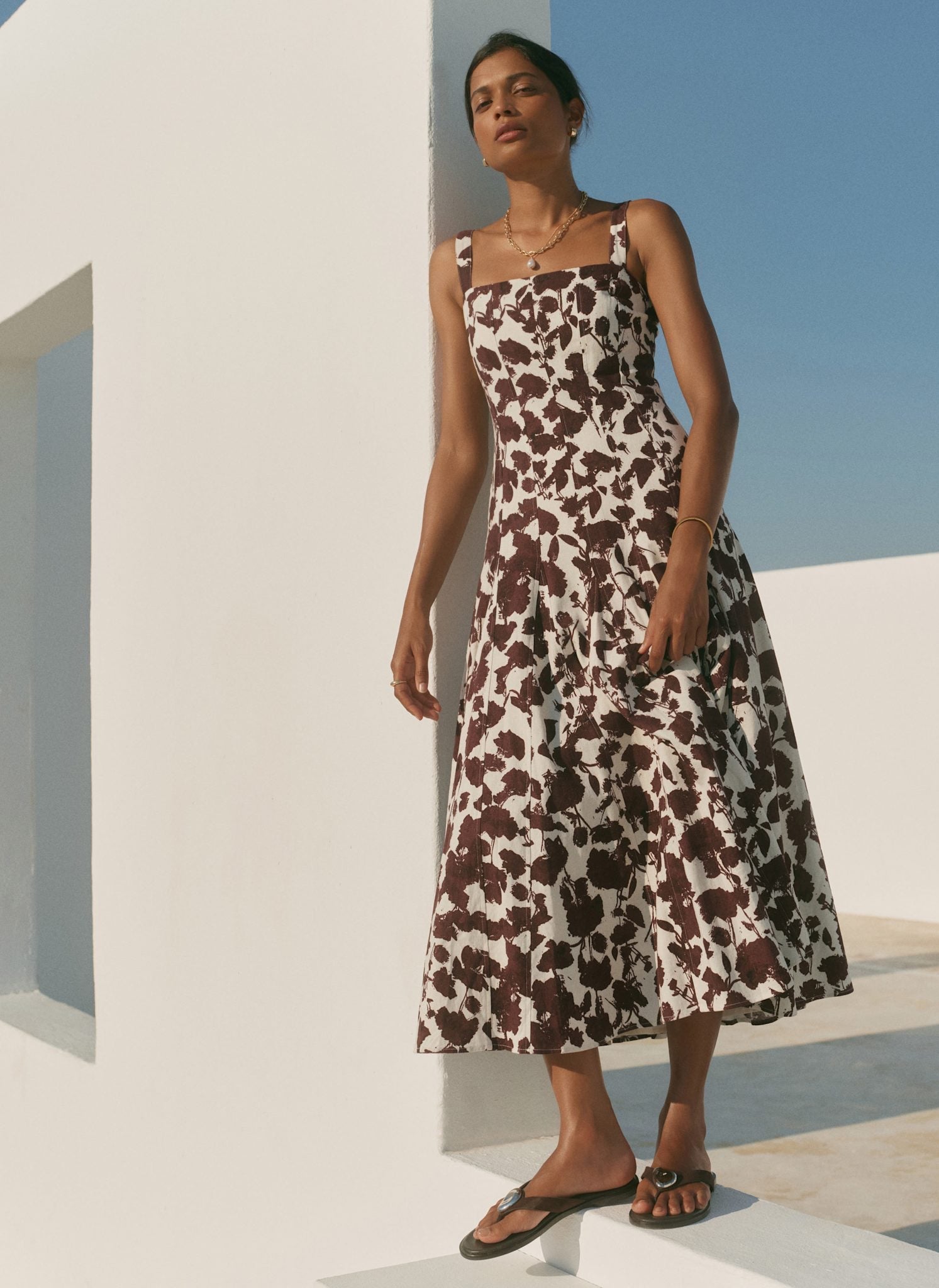 Brown Linen Blend Printed Midi Dress