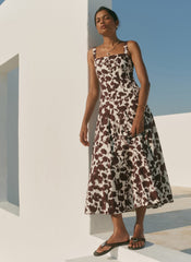 Brown Linen Blend Printed Midi Dress