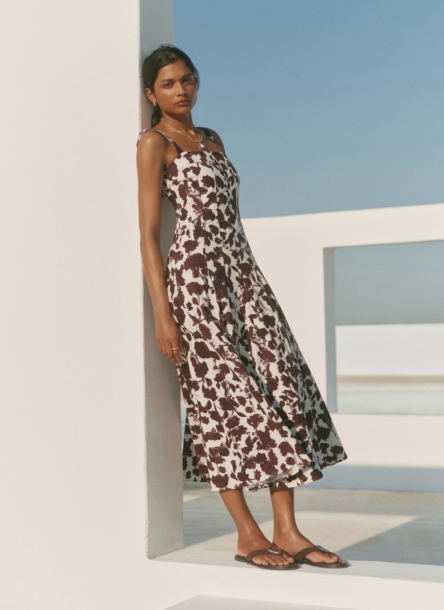 Brown Linen Blend Printed Midi Dress