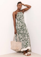 Green Printed Cotton Halterneck Maxi Dress