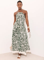 Green Printed Cotton Halterneck Maxi Dress