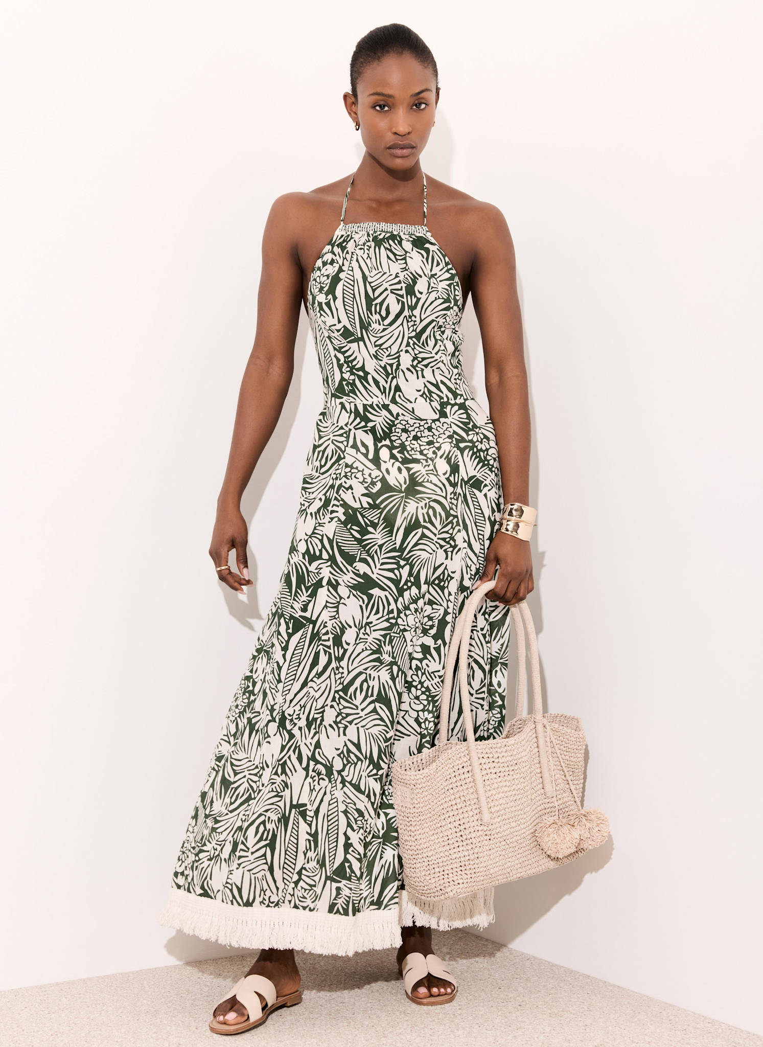 Green Printed Cotton Halterneck Maxi Dress