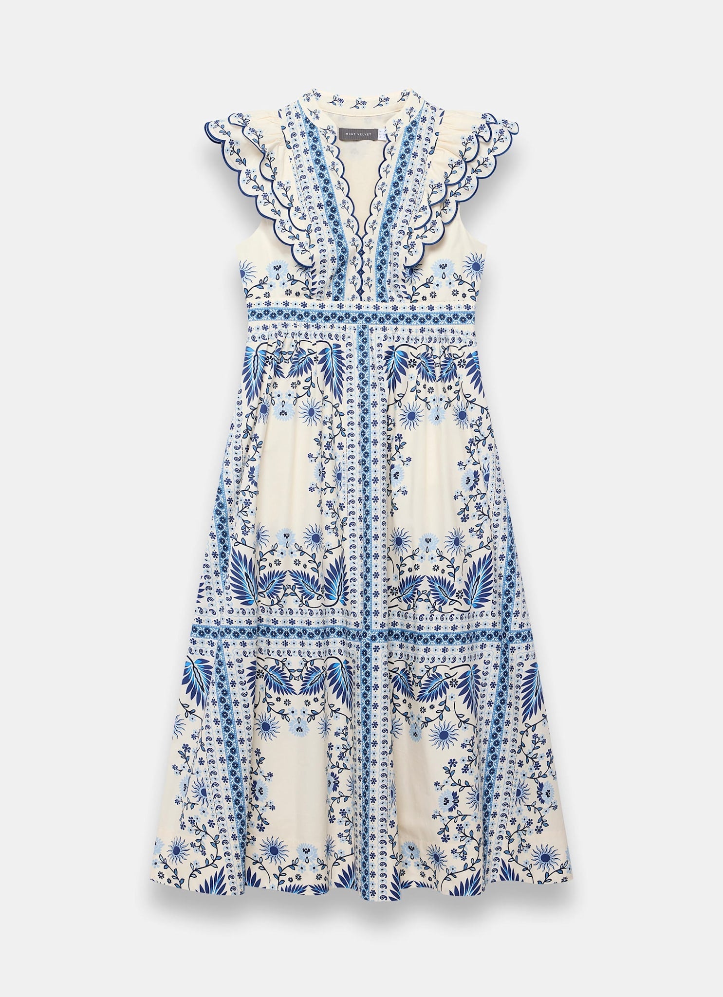 Blue Cotton Print Scallop Trim Midi Dress