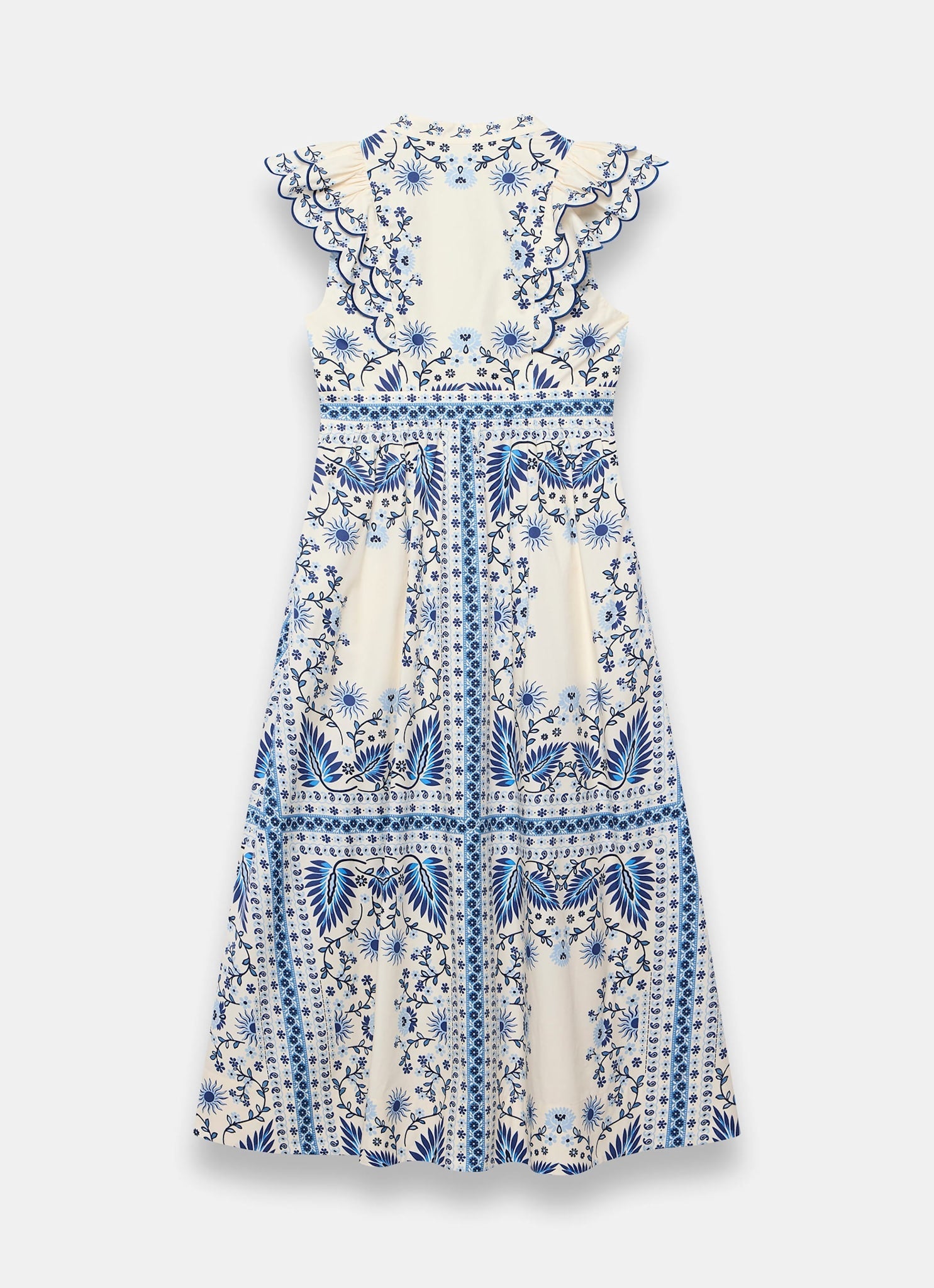Blue Cotton Print Scallop Trim Midi Dress