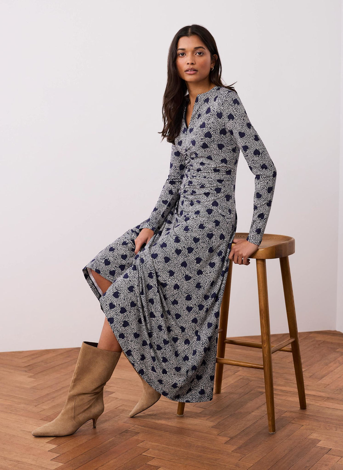 Navy Heart Print Zip Front Midi Dress