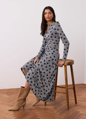 Navy Heart Print Zip Front Midi Dress