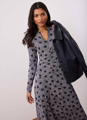 Navy Heart Print Zip Front Midi Dress