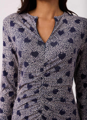 Navy Heart Print Zip Front Midi Dress