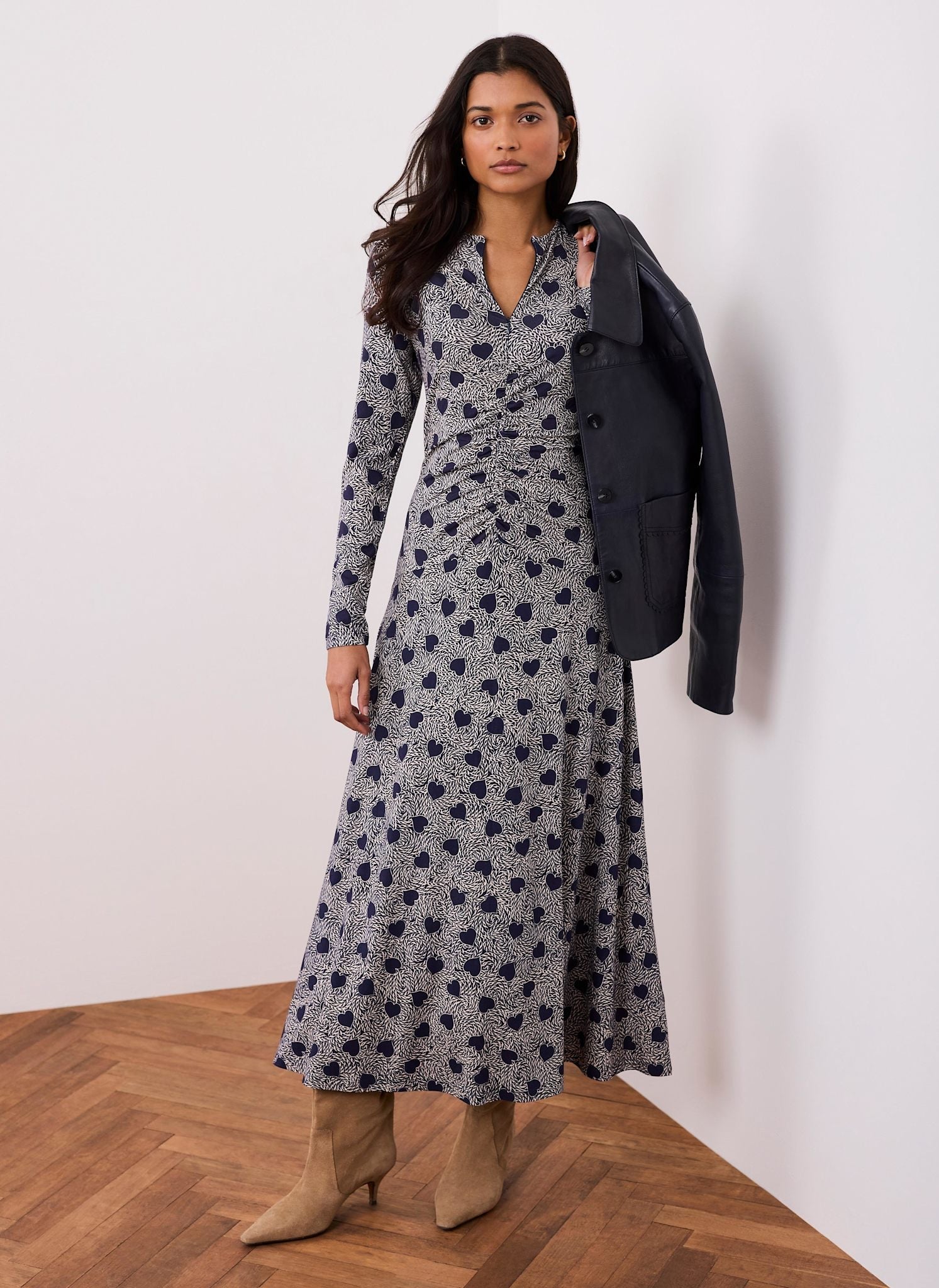 Navy Heart Print Zip Front Midi Dress