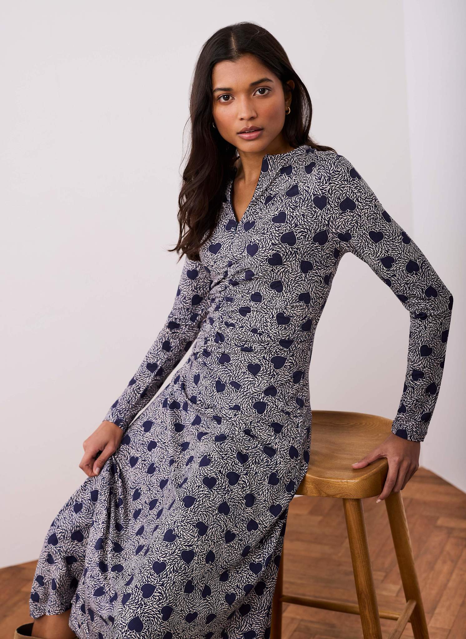 Navy Heart Print Zip Front Midi Dress