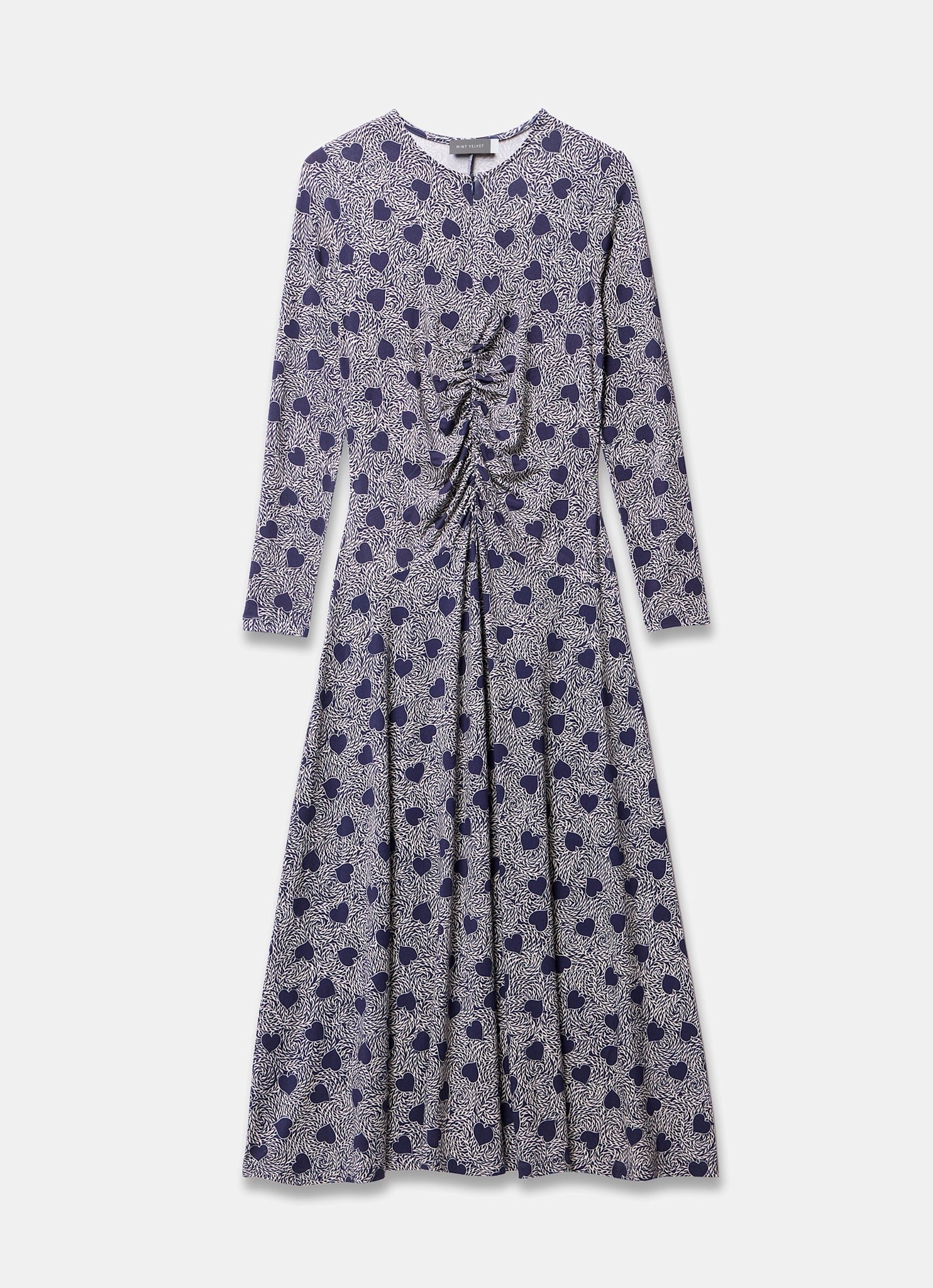 Navy Heart Print Zip Front Midi Dress