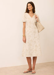 Neutral Jacquard Puff Sleeve Midi Dress
