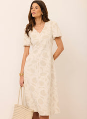Neutral Jacquard Puff Sleeve Midi Dress