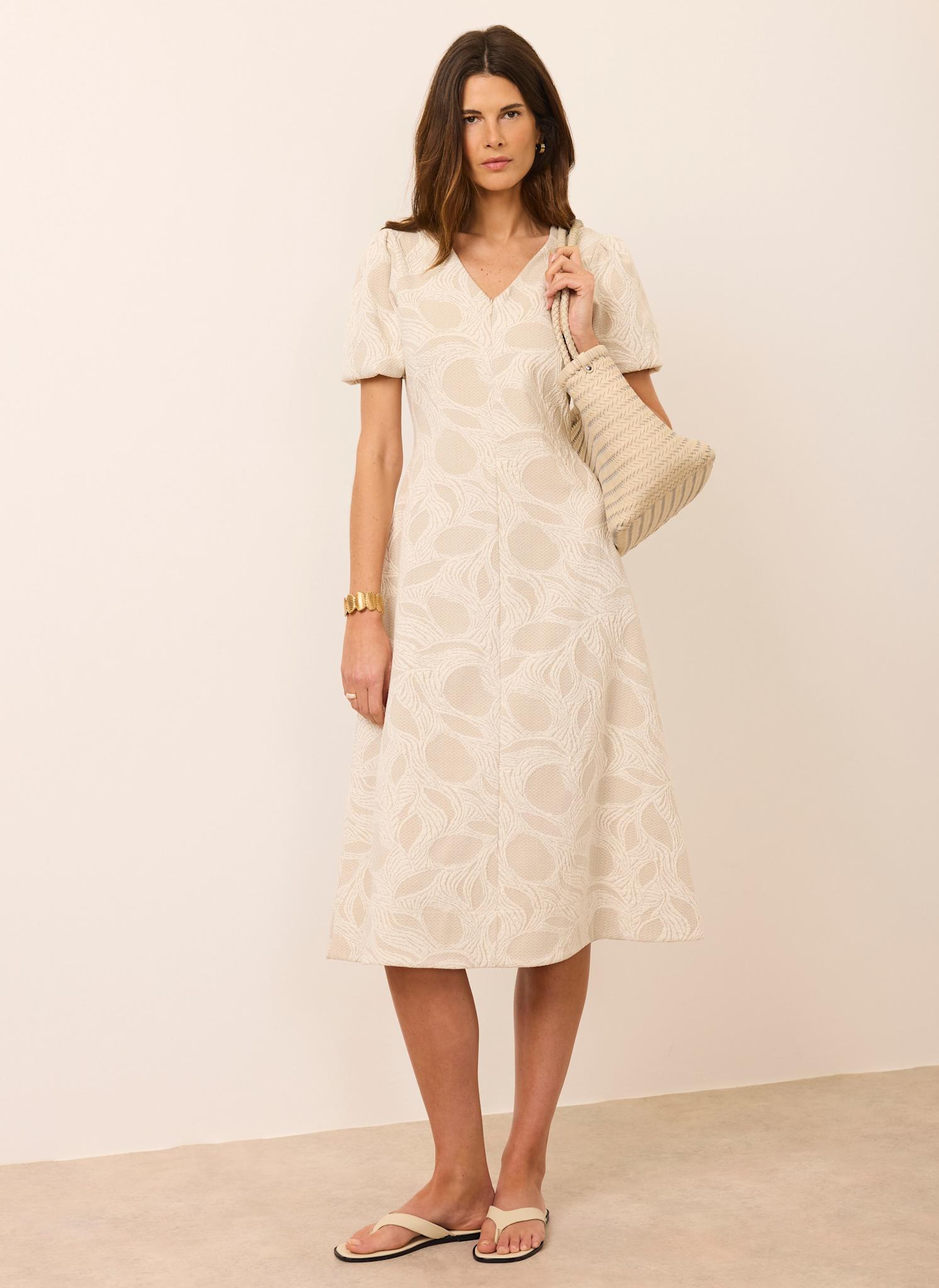 Neutral Jacquard Puff Sleeve Midi Dress