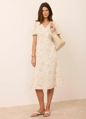 Neutral Jacquard Puff Sleeve Midi Dress