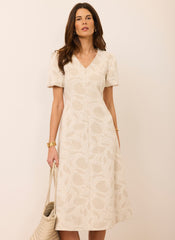 Neutral Jacquard Puff Sleeve Midi Dress