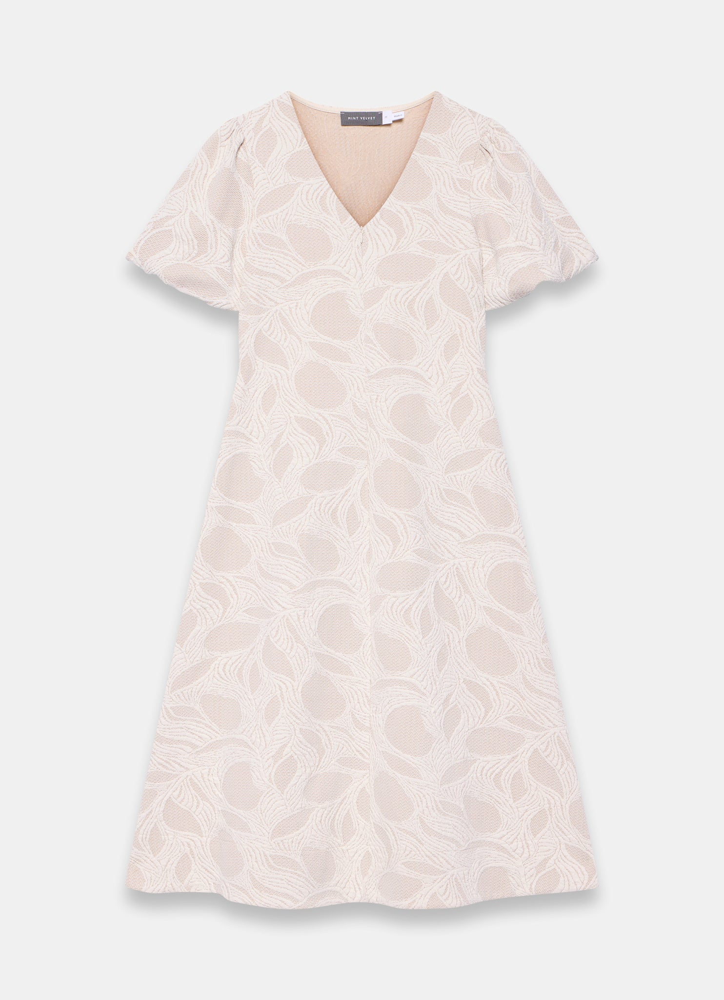 Neutral Jacquard Puff Sleeve Midi Dress